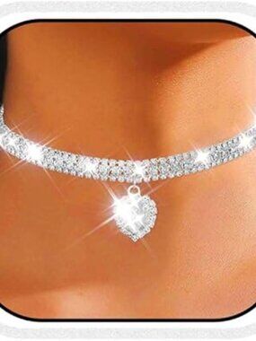 Rhinestone Choker Necklace Heart Pendant Diamond Row Necklaces Prom Wedding